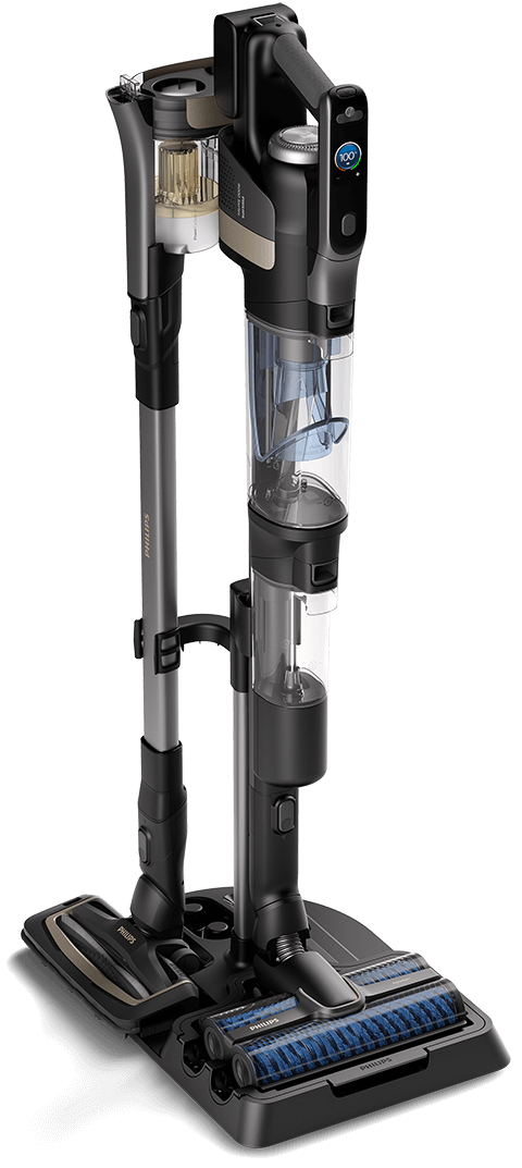 Odkurzacz bezprzewodowy Philips AquaTrio z funkcją aktywnego mycia w zestawie z dodatkowymi akcesoriami i końc&oacute;wkami.