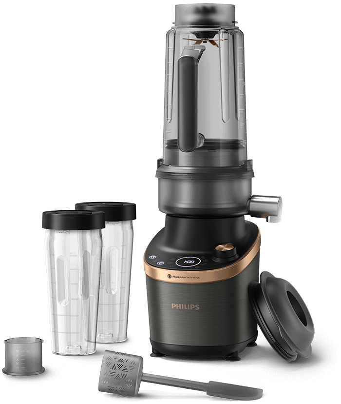 Zestaw Philips Flip&Juice HR3770, zawierający blender z sokowir&oacute;wką i kielichem, dwa bidony, ostrza, miarkę, łopatkę.