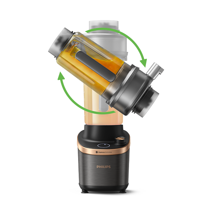 Zmiana sokowir&oacute;wki Philips Flip&Juice w blender i na odwr&oacute;t, poprzez obr&oacute;t dzbanka.