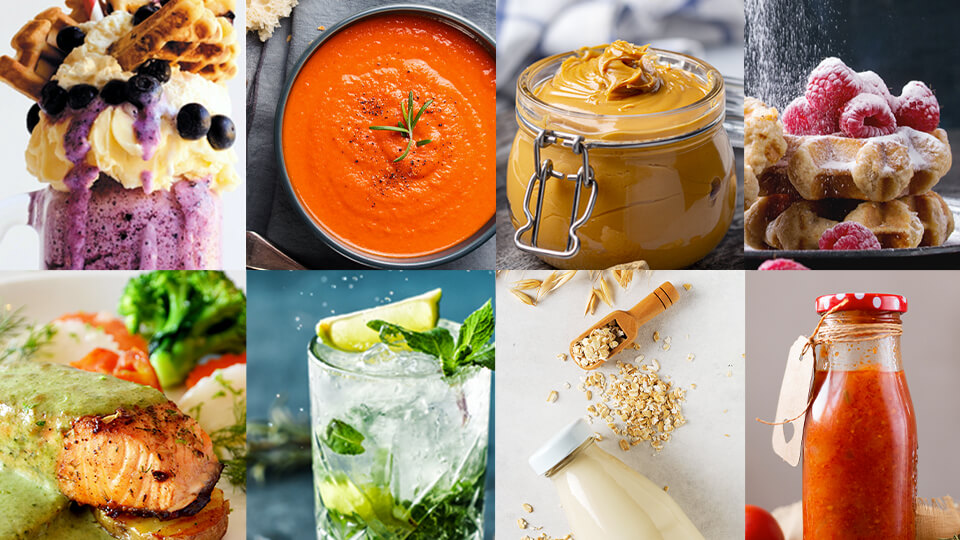 R&oacute;żnorodne potrawy przygotowane przy użyciu blendera i sokowir&oacute;wki 2w1 Philips Flip&Juice: lody, zupa-krem, masło orzechowe, gofry, sos warzywny, drink z kruszonym lodem, koktajl z płatkami, sok owocowy.