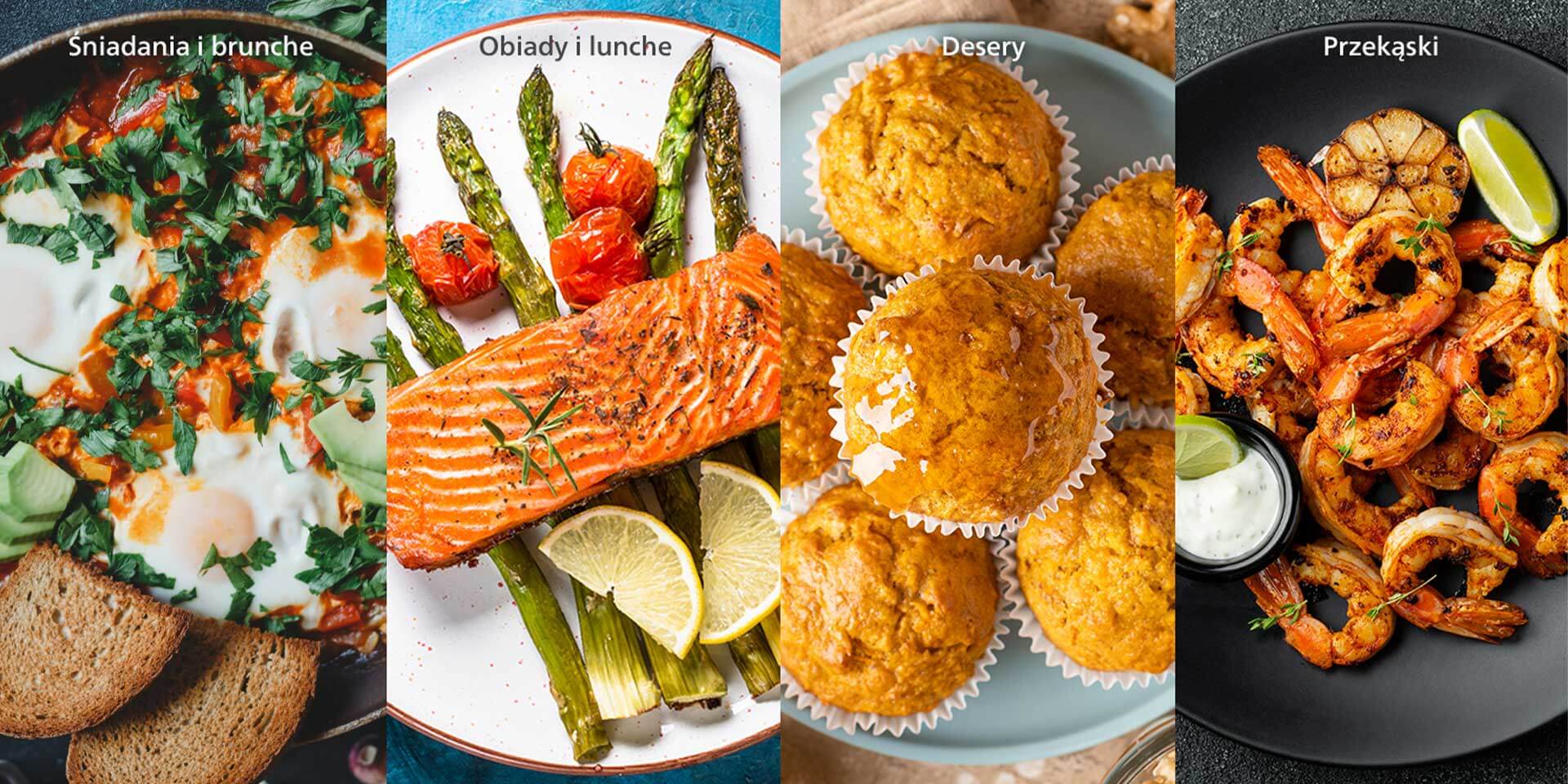 Grafika ze zdjęciami r&oacute;żnych potraw: śniadaniowych, obiadowych, deser&oacute;w i przekąsek