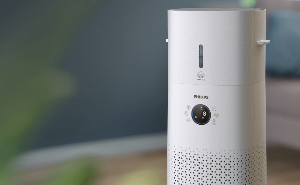 Stojący nawilżacz powietrza w kolorze białym.