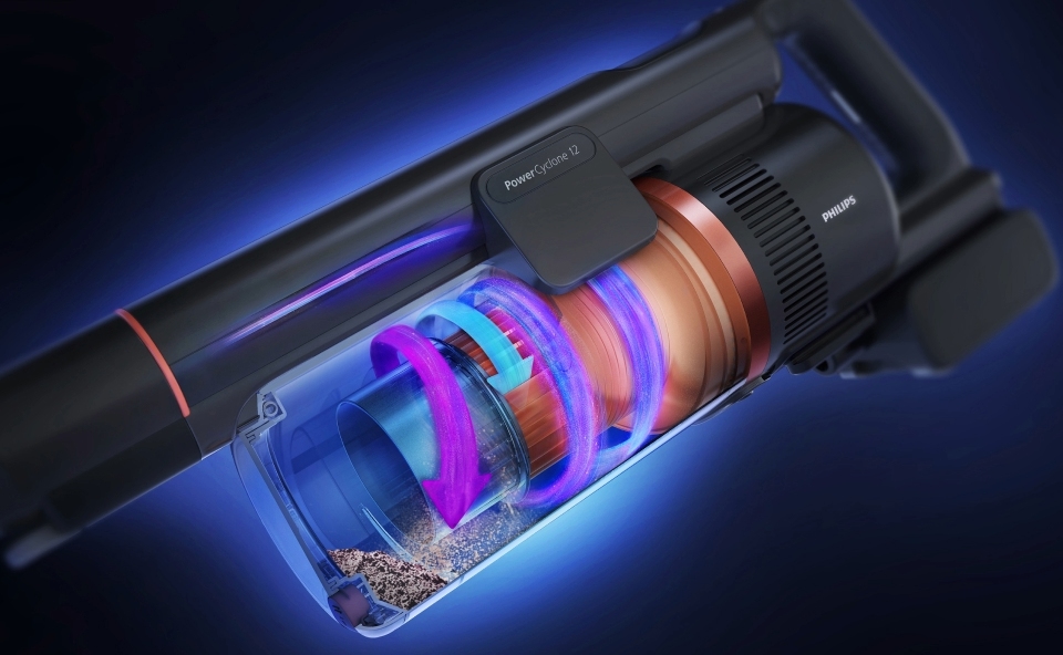 Schemat przemieszczającego się powietrza przez odkurzacz bezprzewodowy.