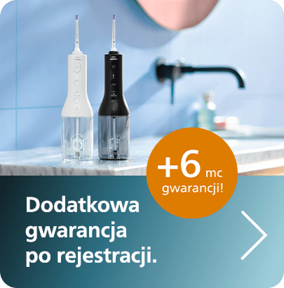 Grafika prezentująca dwa irygatory do zęb&oacute;w Philips Sonicare, jeden czarny i jeden kremowy.