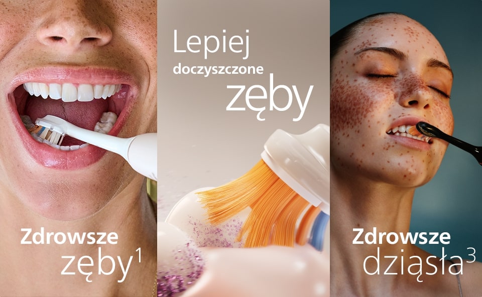Grafika przedstawiająca zalety szczoteczki do zęb&oacute;w, podzielona na trzy segmenty. Pierwszy segment pokazuje młodą kobietę z jasnymi włosami szczotkującą zęby, z podpisem "Lepiej doczyszczone zęby". Drugi segment ilustruje szczoteczkę i strumień wody z mikrobąbelkami, z napisem "moc mikrobąbelk&oacute;w". Trzeci segment to obraz mężczyzny o ciemnej karnacji szczotkującego zęby, z podpisem "Zdrowsze dziąsła".