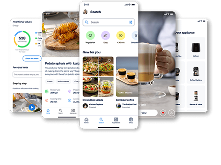 HomeID - r&oacute;żne sekcje aplikacji dla blendera z funkcją sokowir&oacute;wki wyświetlone na ekranie smartfona.