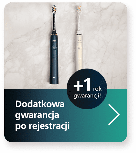 Grafika prezentująca dwie szczoteczki do zęb&oacute;w Philips Sonicare, jedną czarną i jedną kremową, zawieszone na marmurowej ścianie. W dolnej części obrazka znajduje się czerwony prostokąt z białym tekstem "Dodatkowa gwarancja po rejestracji" oraz dużym zielonym k&oacute;łkiem z napisem "+1 rok gwarancji!". Po prawej stronie umieszczono zieloną strzałkę sugerującą możliwość uzyskania więcej informacji.